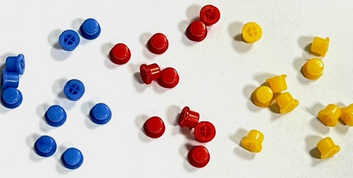 Small plastic button caps, dyed red, blue, yellow